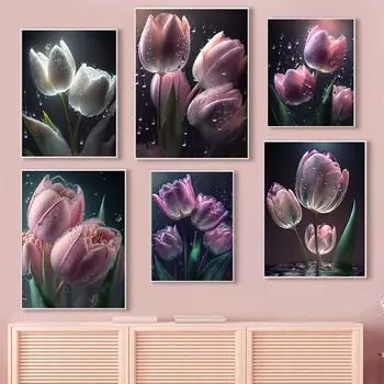 Розовые цветы, картины, тюльпаны, настенные художественные постеры, тычинка, холст, принт, плакат с растениями, скандинавские настенные панно для девочек, домашний декор для спальни 21x30cm No Framed