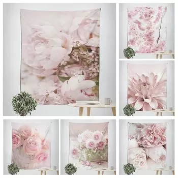Розовые цветы Маленький свежий декоративный гобелен Украшение стены для дома Офис Гостиная Гобелен 100x75cm