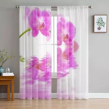 Розовые цветы орхидеи, белые отражения, волнистые водные шифоновые прозрачные шторы для гостиной, спальни, оконная вуаль, тюлевая занавеска 135W x 114H(cm)