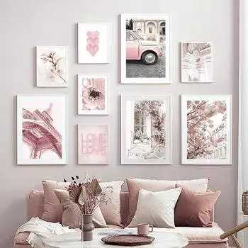 Розовые цветы с видом на улицу Винтажный автомобиль велосипед Эйфелева башня мода Настенная живопись на холсте Картина в скандинавском стиле Постер Декор комнаты 21*30cm No Frame