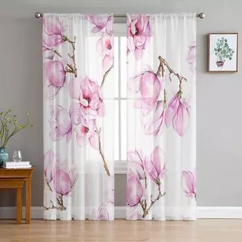 Розовые цветы, ветки орхидеи, прозрачные шторы, тюль для гостиной, спальни, кухни, вуаль, шторы, украшение для дома, оформление окон W135 x H114cm