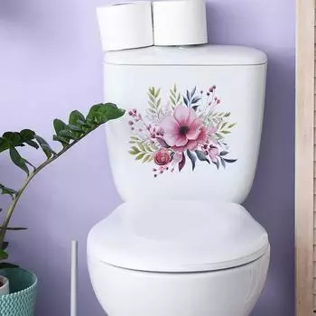 Розовые цветы Зеленое растение Туалет с ванной комнатой Ванная комната Домашнее украшение Наклейка на стену 25*29CM/fun-m23