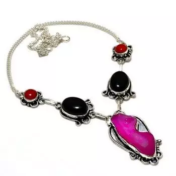 Розовые друзы, кусочек черного оникса, 925 проба, посеребренное ювелирное ожерелье, 18 дюймов 18 розовый