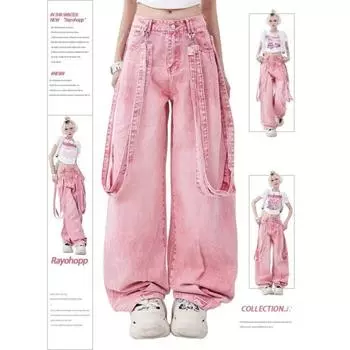 Розовые джинсы-карго Y2K женские Harajuku Oversize Vintage Belt Wide Leg Casual Denim Брюки Хип-хоп Корейские Прямые брюки S розовый