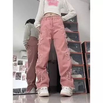 Розовые джинсы с высокой талией и джинсовые брюки с рваными звездами и бахромой, женские повседневные модные джинсовые брюки y2k S розовый