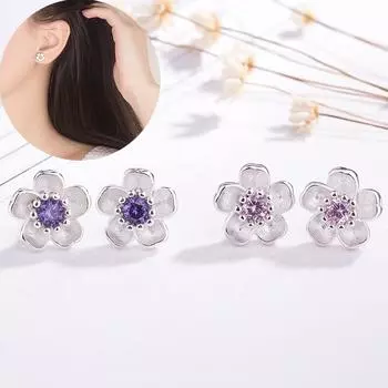 Розовые, фиолетовые серьги-гвоздики с хрустальными цветами, ювелирные изделия, подарок, серьги с цирконием, женские серьги, серьги с цветком персика 1.7*1cm фиолетовый