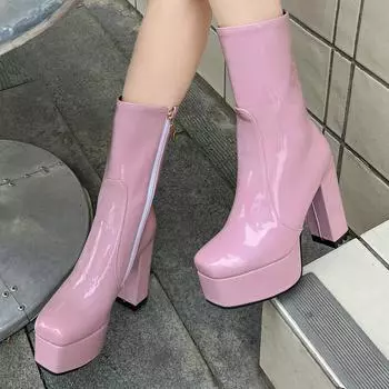 Розовые, фиолетовые, синие зимние женские ботинки из лакированной искусственной кожи с квадратным носком, туфли на массивном высоком каблуке, женские готические сапоги на платформе до середины икры с застежкой-молнией 34 розовый