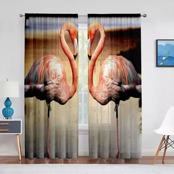 Розовые фламинго, тропические птицы, романтическая любовь, прозрачная вуаль, шторы для гостиной, тюлевая оконная занавеска для спальни, декора кухни 1 PCS W100XH250cm&Rod Pocket