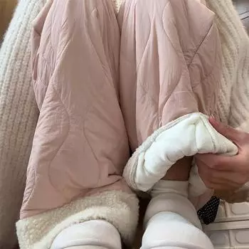Розовые флисовые хлопковые брюки женские осень-зима 2024 новые повседневные теплые флисовые брюки сшитые из плюша широкие брюки S is suitable for weight [80-47.5kg]
