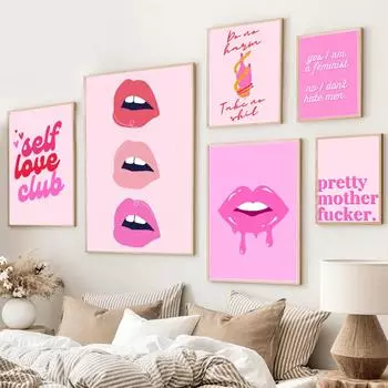 Розовые губы иллюстрация девушка в общежитии эстетическое искусство картина печать плакатов феминизм цитата холст картина праздничный подарок комната домашний декор (с рамкой) 15*20cm(with frame)