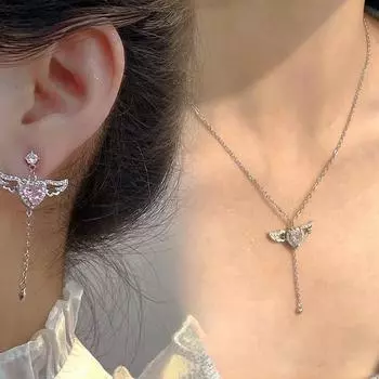 Розовые хрустальные крылья ангела с подвеской в форме сердца, серьги с бахромой, женские украшения 1