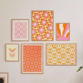 Розовые и оранжевые постеры, настенная живопись для общежития, цветы, яркая эстетика 70-х годов, скандинавская картина для гостиной, украшение для дома 21cm30cm NoFrame