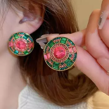 Розовые и зеленые круглые серьги-гвоздики ретро мода кулон зеленое хрустальное ожерелье юбилей earrings