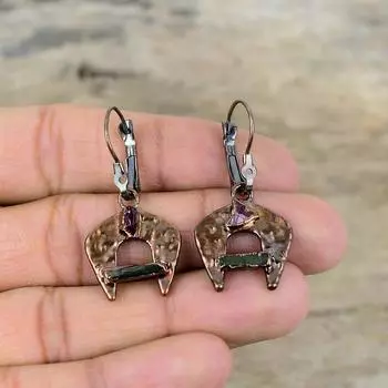 Розовые и зеленые серьги с турмалином, грубая электроформованная медь, замечательные серьги с драгоценными камнями, ручная работа, электроформованные медные ювелирные изделия, подарок для женщин