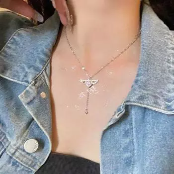 Розовые Крылья Ангела Сердце Кулон Ожерелье Серьги с Бахромой Женские Ювелирные Изделия