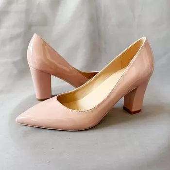 Розовые лакированные туфли на каблуке-блоке для женщин с острым носком, туфли на среднем каблуке для вечеринки, сексуальное женское платье, БОЛЬШОЙ РАЗМЕР 33