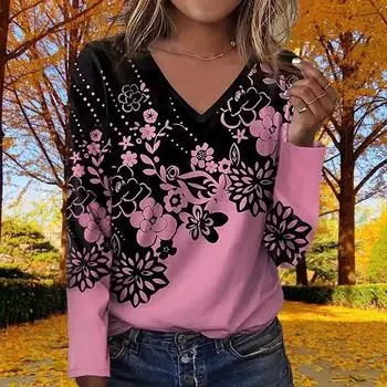 Розовые маленькие цветочные принты женские футболки женские топы с длинным рукавом V-образный вырез пуловер женские футболки футболка для женщин XS фиолетовый