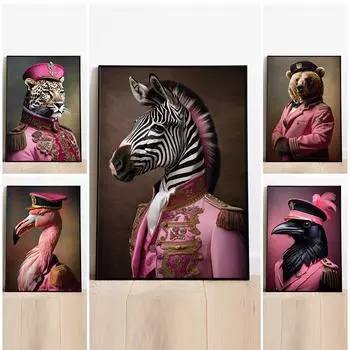 Розовые модные художественные постеры с животными и принты, крутой единорог, фламинго, медведь, леопард, зебра, настенная живопись на холсте, украшение для дома 21x30cm No Framed