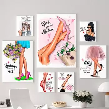 Розовые модные туфли на высоком каблуке для девочек, художественная картина на холсте, плакаты на скандинавскую тему и печать для гостиной 21cm30cm NoFrame