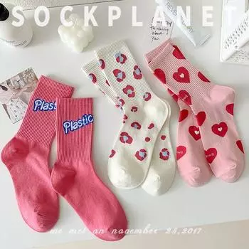Розовые носки Love Socks женские хлопковые носки Tide японские милые верхние носки спортивные носки-трубы One Size цветной печати леопарда