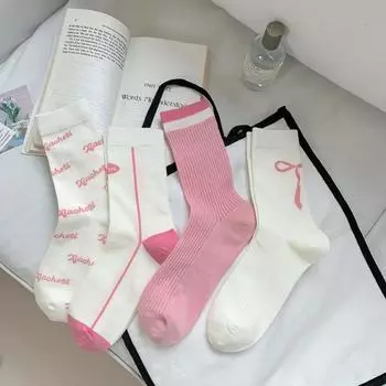 Розовые носки с милым бантом для милых девочек Лолита Кавайные милые длинные носки повседневные носки с буквенным принтом уличная одежда хип-хоп скейтборд спортивные носки