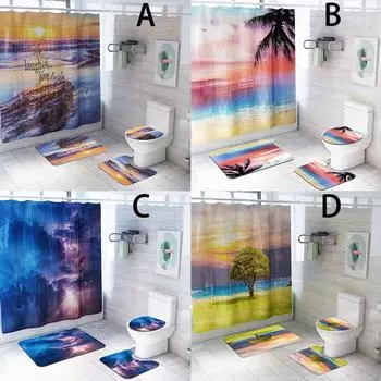 Розовые облака Занавеска для душа Напольный коврик из четырех предметов Набор ковриков для ванной комнаты