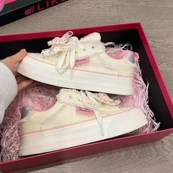 Розовые парусиновые туфли для женщин весна-осень новые дизайнерские модные повседневные кружевные туфли с бантом на платформе женские вулканизированные туфли 35 розовый