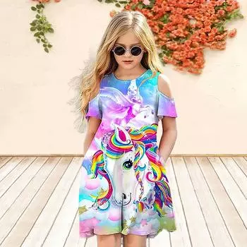 Розовые платья с цветочным принтом лошади для девочек, детское праздничное платье с открытыми плечами для девочек, платье принцессы, платье с короткими рукавами для детей старше четырех лет 80 чёрный