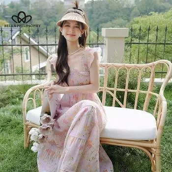 Розовые платья с квадратным вырезом и цветочным принтом, женские летние платья феи, французское длинное платье, платье в пляжном стиле S розовый