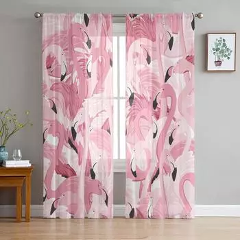 Розовые прозрачные шторы с фламинго для спальни, гостиной, вуали, оконные шторы, тюлевые шторы для детской комнаты 135W x 114H(cm)