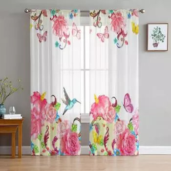 Розовые прозрачные занавески с бабочками и цветами для гостиной, спальни, вуаль, занавески для окон, занавески из органзы, вечерние тюлевые шторы 135W x 114H(cm)