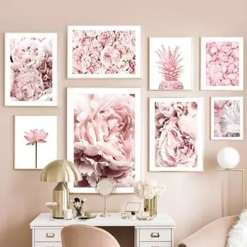 Розовые растения, роза, пион, лотос, ананас, настенная живопись на холсте, постеры на скандинавскую тему и принты, настенные панно для декора гостиной 21cm30cm NoFrame