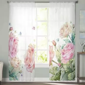 Розовые розы с бабочками, прозрачные шторы, вуаль для спальни, занавеска для гостиной, окна, прозрачные шторы для кухни, тюлевые шторы 135W x 114H(cm)