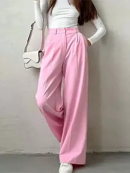 Розовые широкие брюки для женщин, лето 2023, элегантные свободные офисные женские длинные брюки с высокой талией, шикарные брюки длиной до пола, уличная одежда S розовый