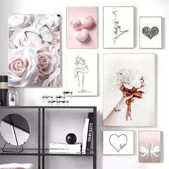 Розовые сладкие цветы, бабочка, линия поцелуя, абстрактная картина на холсте, постеры, принты, скандинавские настенные художественные картинки для домашнего декора 21*30cm