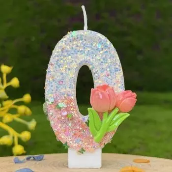 Розовые свечи с блестками в виде цифр и тюльпанов для украшения торта на день рождения, свеча на годовщину с градиентной расцветкой