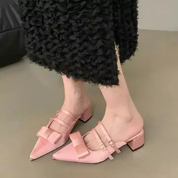 Розовые тапочки с острым носком и бантом, женские милые элегантные туфли на среднем каблуке с открытой пяткой, женские весенние новые туфли-лодочки для вечеринок и банкетов 35
