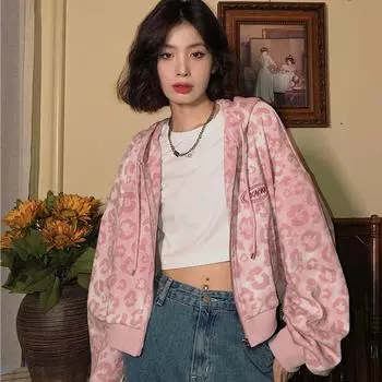 Розовые толстовки с леопардовым принтом Y2K Harajuku, большие толстовки с капюшоном, женские винтажные укороченные топы на молнии, милая куртка в консервативном стиле