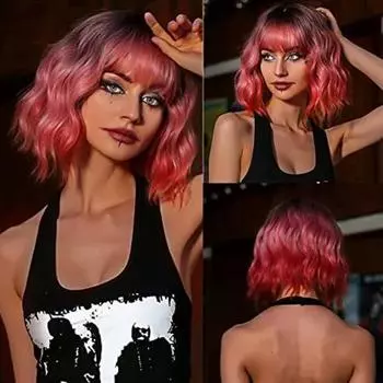Розовые вьющиеся синтетические парики для чернокожих женщин Короткие курчавые вьющиеся парики с челкой Термостойкие волосы Парик Хэллоуин Косплей Парики для вечеринок WL1103-1