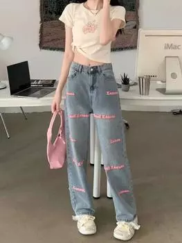 Розовые винтажные широкие джинсы с буквенным принтом, женские мешковатые брюки с высокой талией 2000-х годов, женские длинные прямые брюки в американском стиле ретро S синий