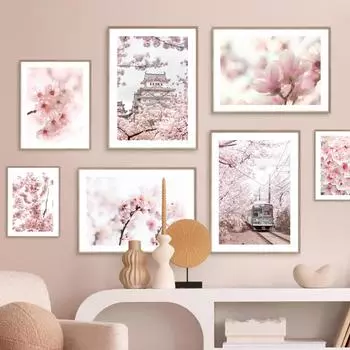 Розовые вишни в цвету Поезд Башня Париж Велосипед Скандинавские постеры и принты Картина на холсте Настенные художественные картины Гостиная Домашний декор 21X30cm No Frame