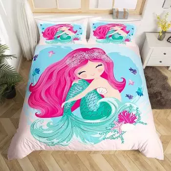 Розовые волосы русалка одеяло чехол Подводный мир пододеяльник Океан тематика Морская жизнь постельное белье 3 шт для детей Девочки Декор комнаты 70x133cm 2pcs