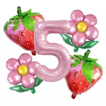 Розовые воздушные шары из алюминиевой пленки с цветком клубники, украшения на день рождения для девочек, 5 шт./компл., 32-дюймовые воздушные шары с цифрами в виде клубники 32inch