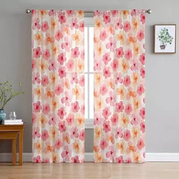 Розовые, желтые, акварельные, с цветочной текстурой, оконные тюлевые шторы для гостиной, спальни, отеля, роскошное украшение, прозрачные шторы 135W x 114H(cm)