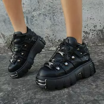 Розовые женские ботильоны на шнуровке с круглым носком в стиле панк, короткие ботинки Botas Mujer с толстой подошвой и металлическими украшениями на плоской платформе 36