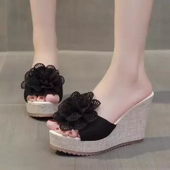 Розовые женские тапочки, модная летняя обувь с открытым носком, женские шлепанцы на высоком каблуке с узлом-бабочкой, женская обувь на танкетке на платформе, 42 35