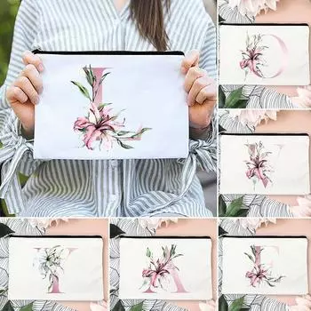 Розовый алфавит цветы AZ холст макияж косметичка для женщин путешествия туалетные принадлежности органайзер сумка женская косметичка для хранения