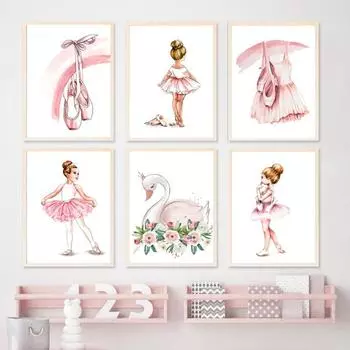 Розовый балет для девочек, Лебедь, алфавит, номер, Радуга, звезда, настенная живопись на холсте, постеры и принты, изображение для декора детской комнаты A4 21X30cm No Framed