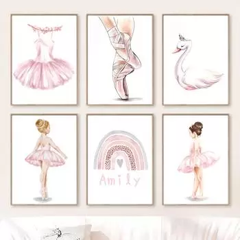 Розовый балет для девочек-лебедей, бабочка, Радуга, имя на заказ, настенная живопись на холсте, постеры и принты, изображение для декора детской комнаты A4 21X30cm No Framed