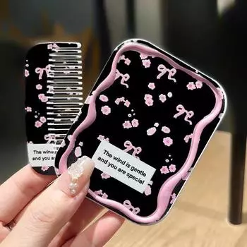 Розовый бант Флоралы Зеркало для макияжа с откидной крышкой и складное Портативное карманное зеркало Женское Прямоугольное косметическое зеркало для макияжа с расческой